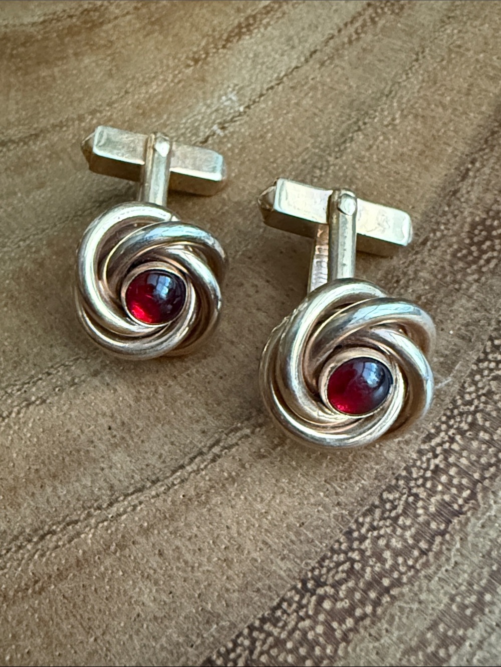 VTG Swank Gold Tone Love Knot Cufflinks Red Glass Cabochon Retro 1940s